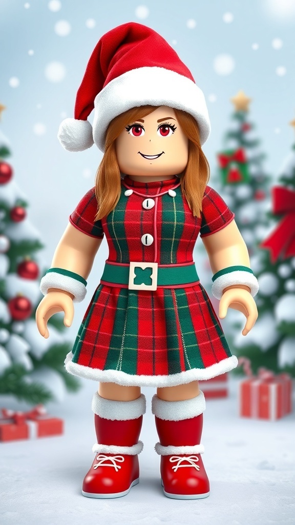 Roblox girl avatar in a festive Christmas outfit with plaid dress and accessories in a winter scene.